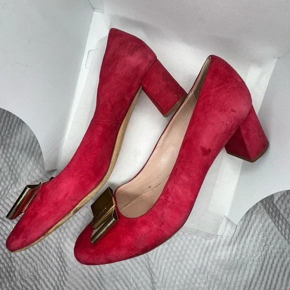 Kate Spade New York - Red Leather Suede Gold Metal Logo Bow Block Heel Pump 7 - Picture 1 of 9